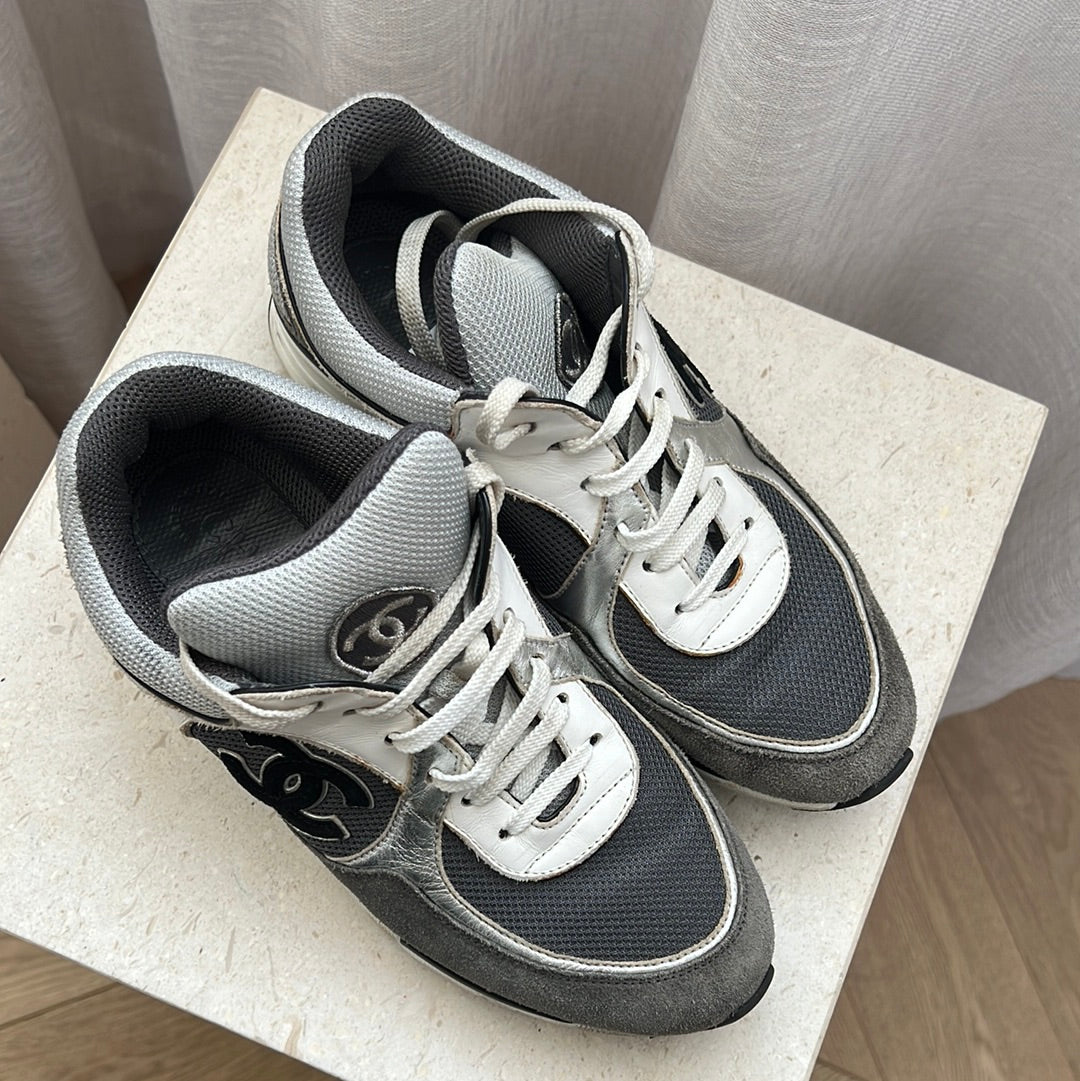 Chanel Grey White CC Sneakers, 37.5