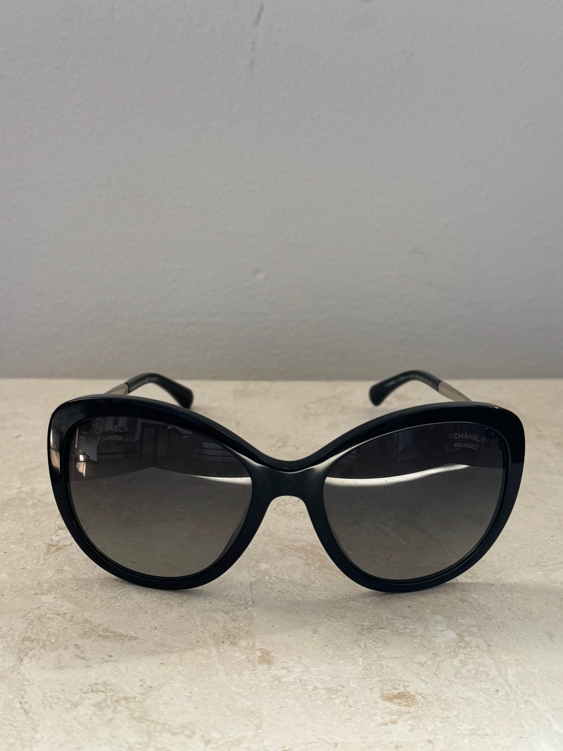 Chanel Black Oversized Pearl Arm Sunglasses