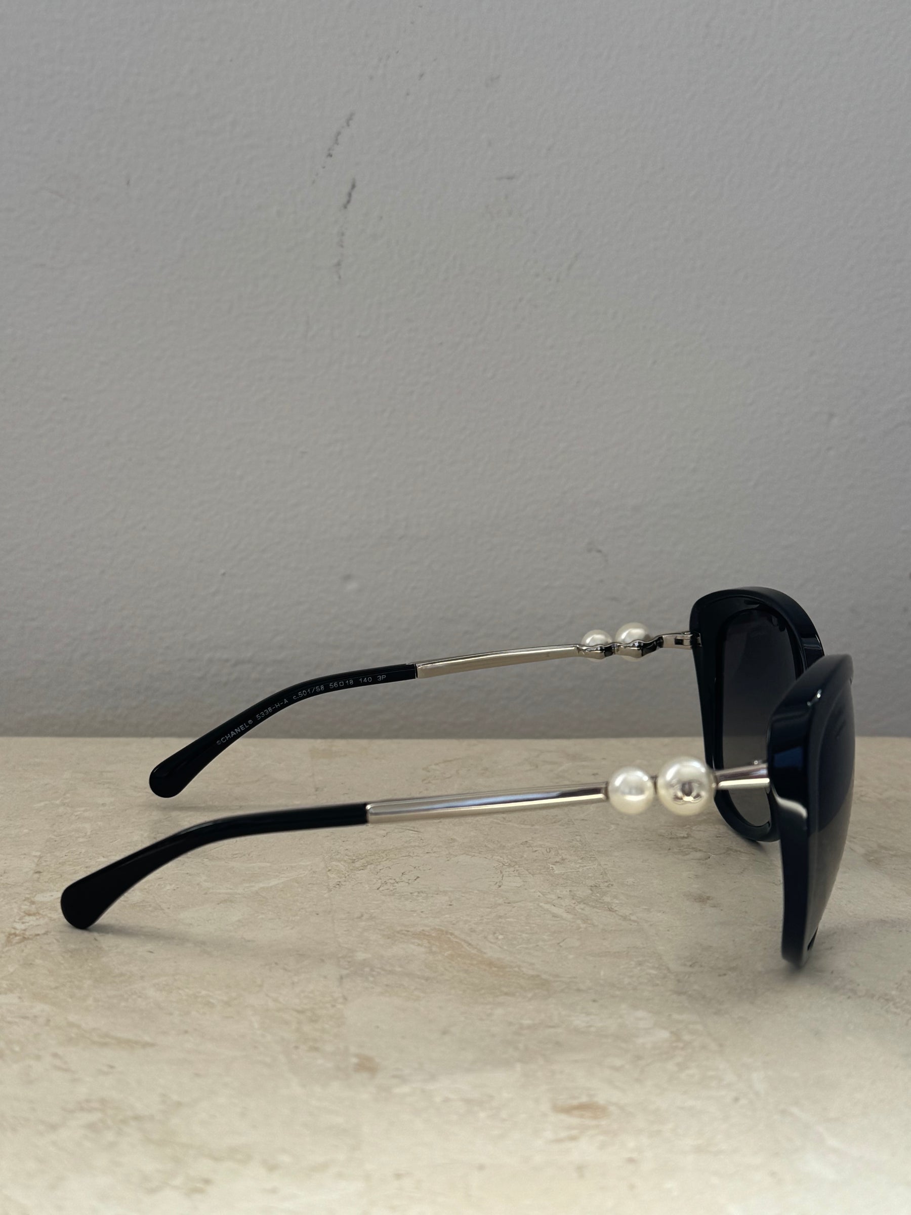 Chanel Black Oversized Pearl Arm Sunglasses