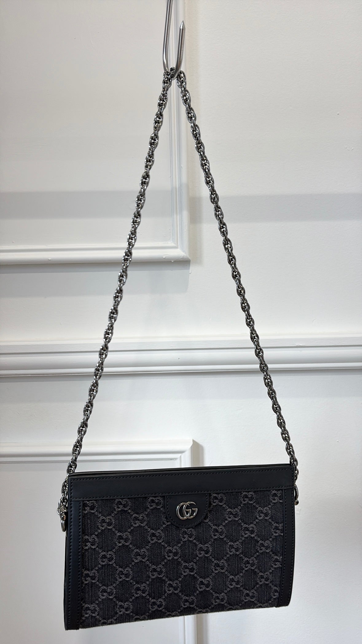 Gucci Jacquard Black Denim GG Monogram Chain Shoulder Bag