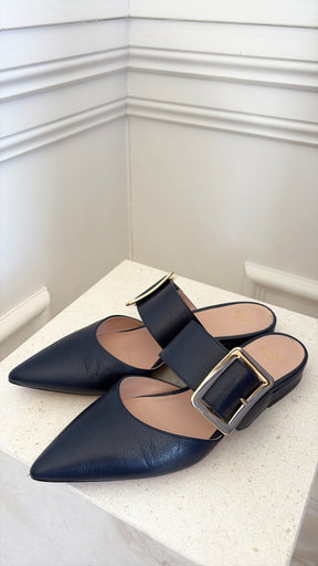 Bally Navy Leather Pointed Buckle Flats, 38