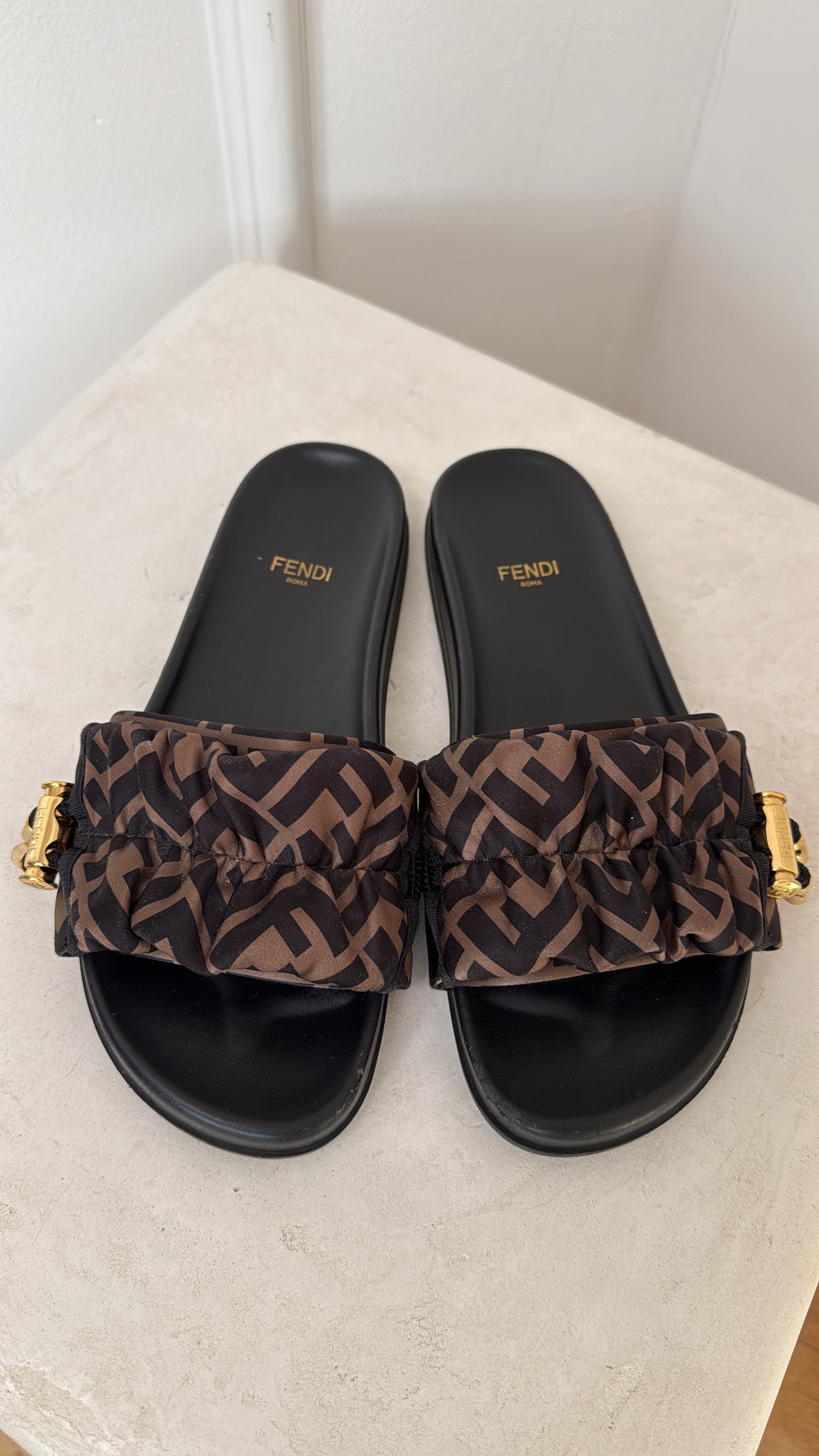 Fendi Feel Brown Satin Slides, 37