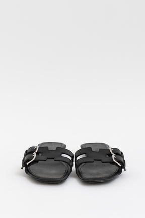 Side Buckle Leather Flat Sandals