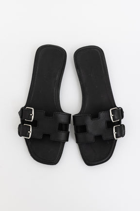 Side Buckle Leather Flat Sandals