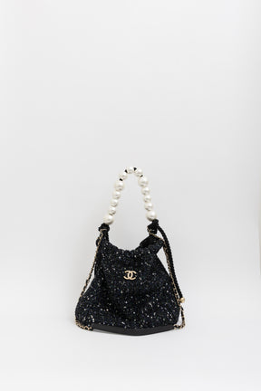 Tweed Pearl Handle Drawstring Bag