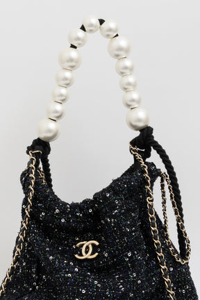 Tweed Pearl Handle Drawstring Bag