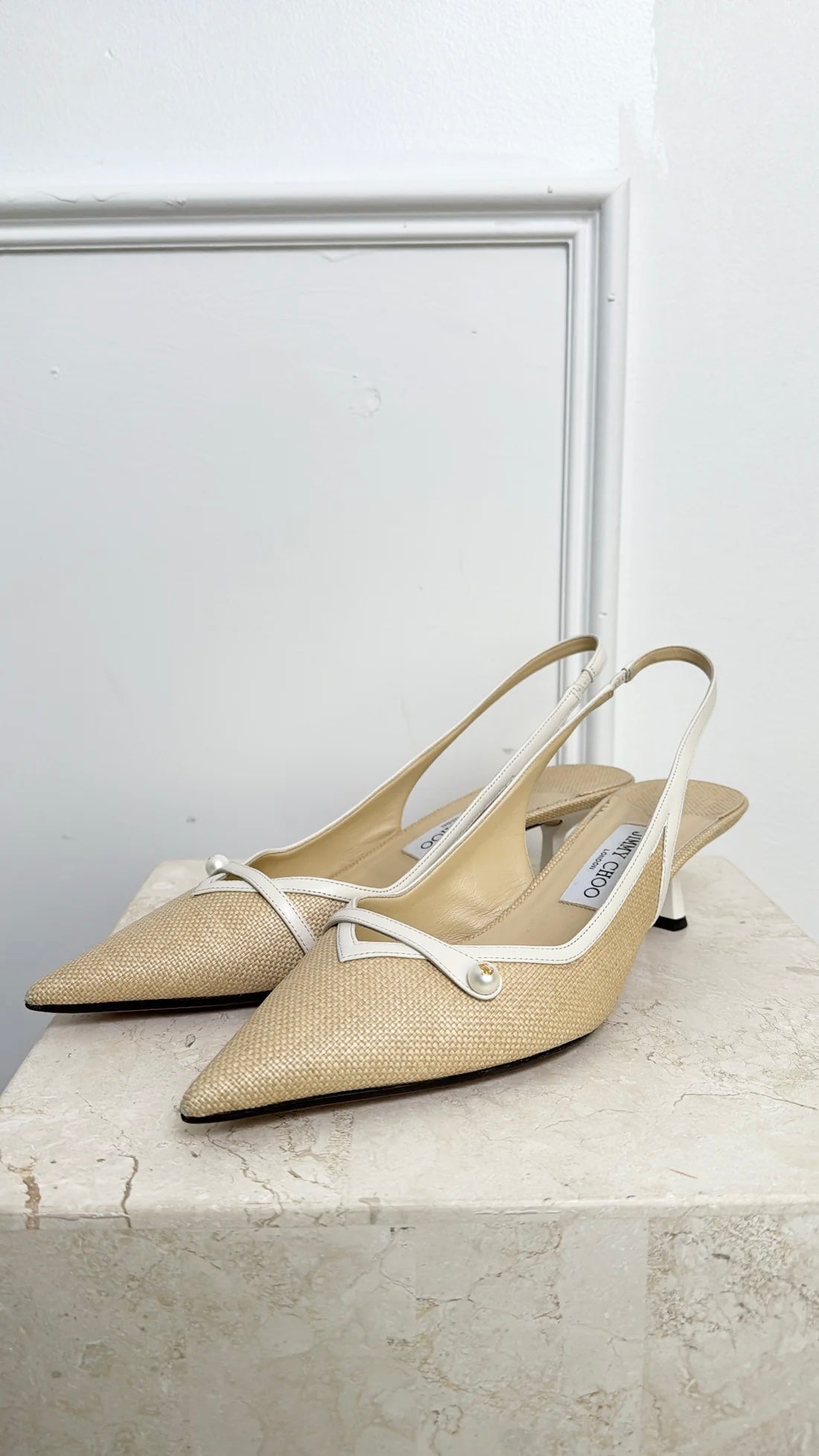 Jimmy Choo Raffia and White Leather Pointed Slingbacks, 41