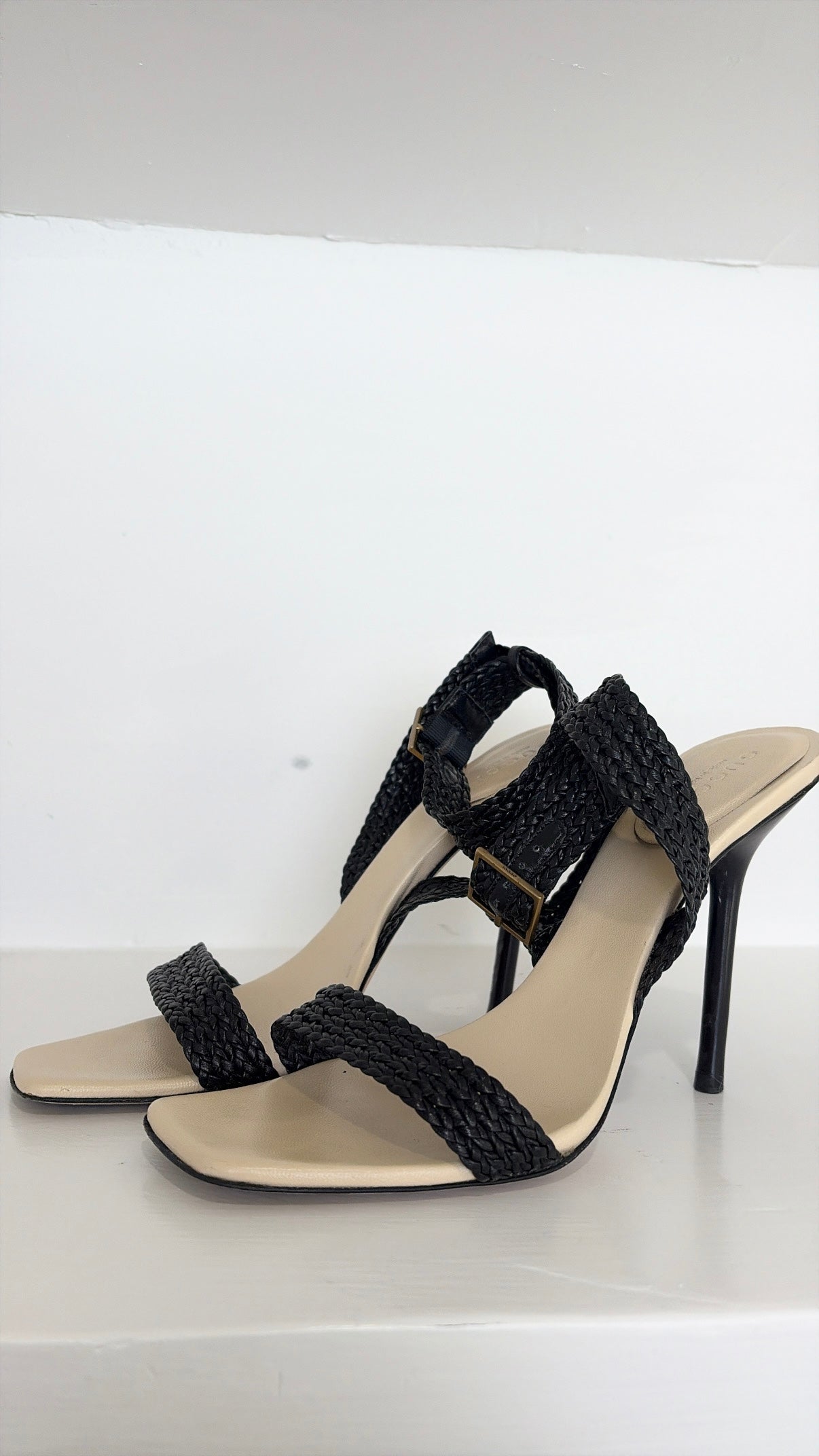 Gucci Black Braided Leather Ankle Strap Heels, 7.5 B
