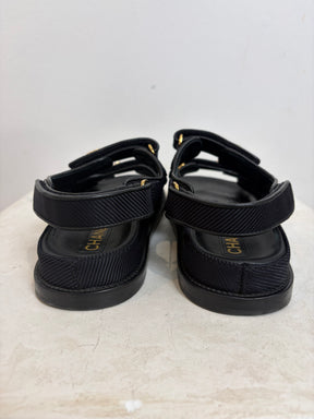 Chanel Black Grosgrain Dad Sandals Gold Hardware, 39 C