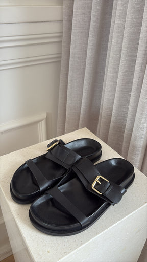 A Emery Black Leather Buckle Slides, 37