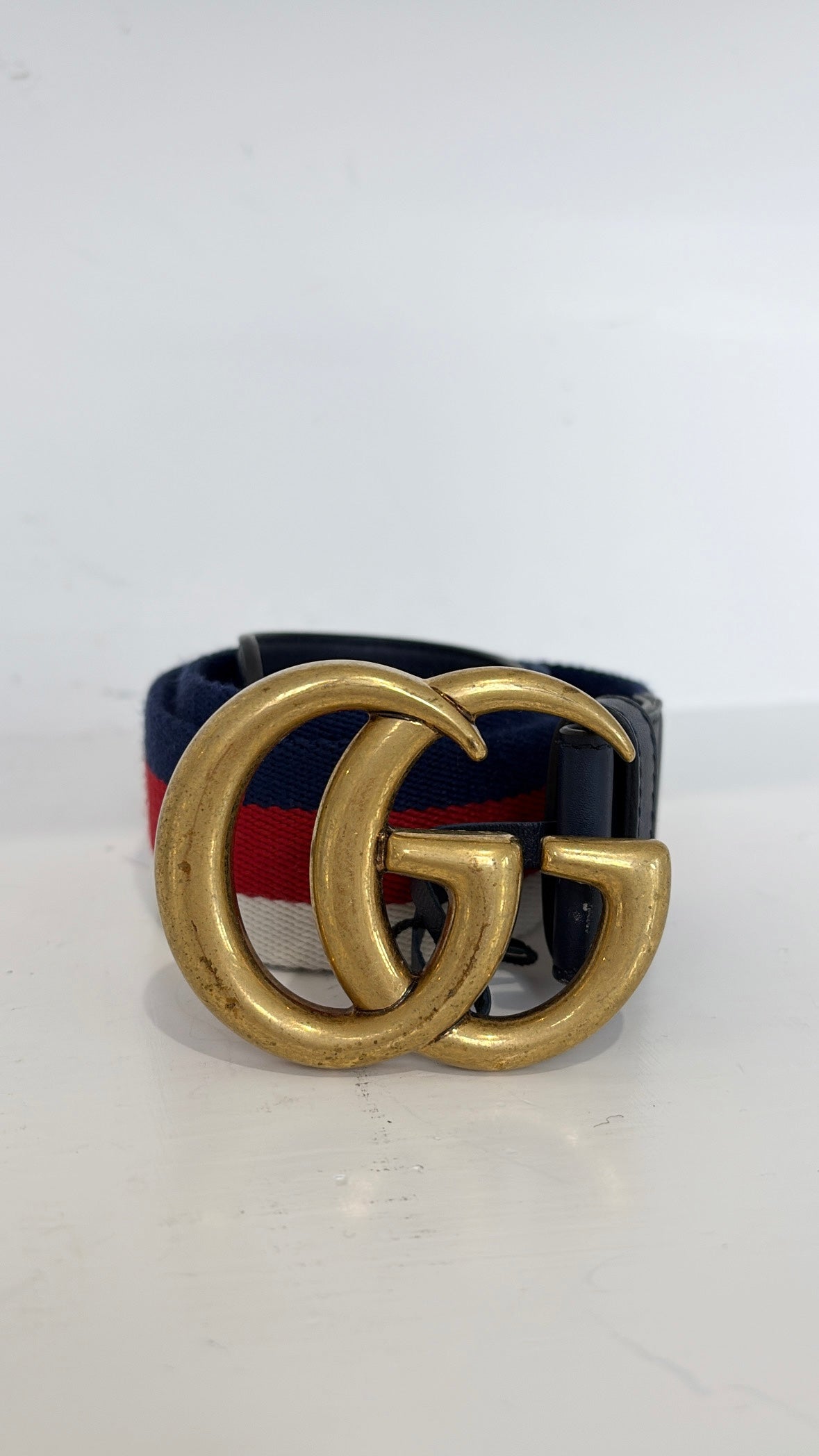 Gucci Navy, Red and White Canvas Strap Marmont Belt, 90