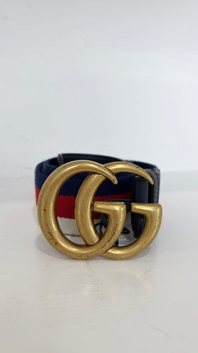 Gucci Navy, Red and White Canvas Strap Marmont Belt, 90