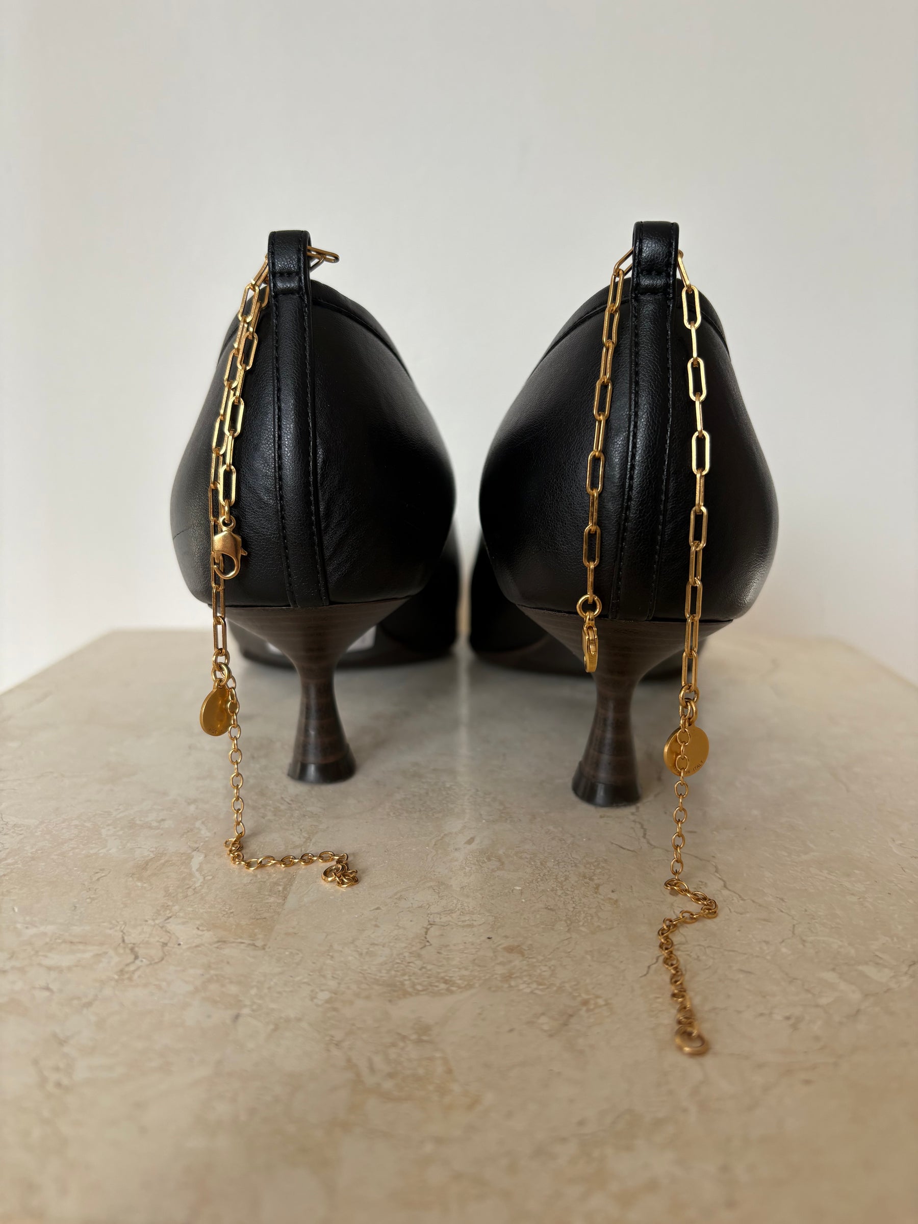 Stella McCartney Black Faux Leather Ankle Chain Pumps, 37.5