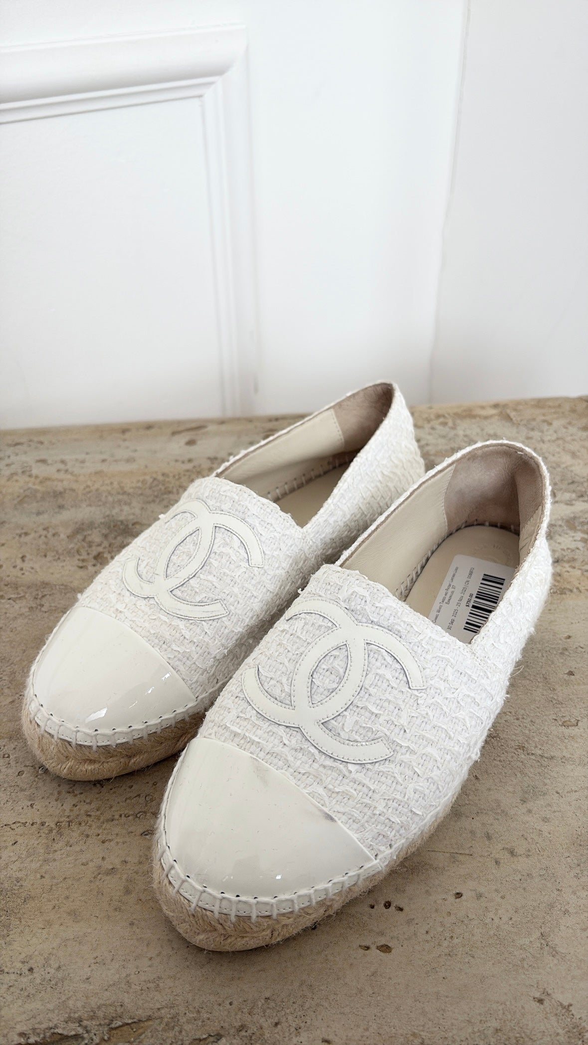 Chanel White Tweed and Patent Leather Logo Espadrilles, 37