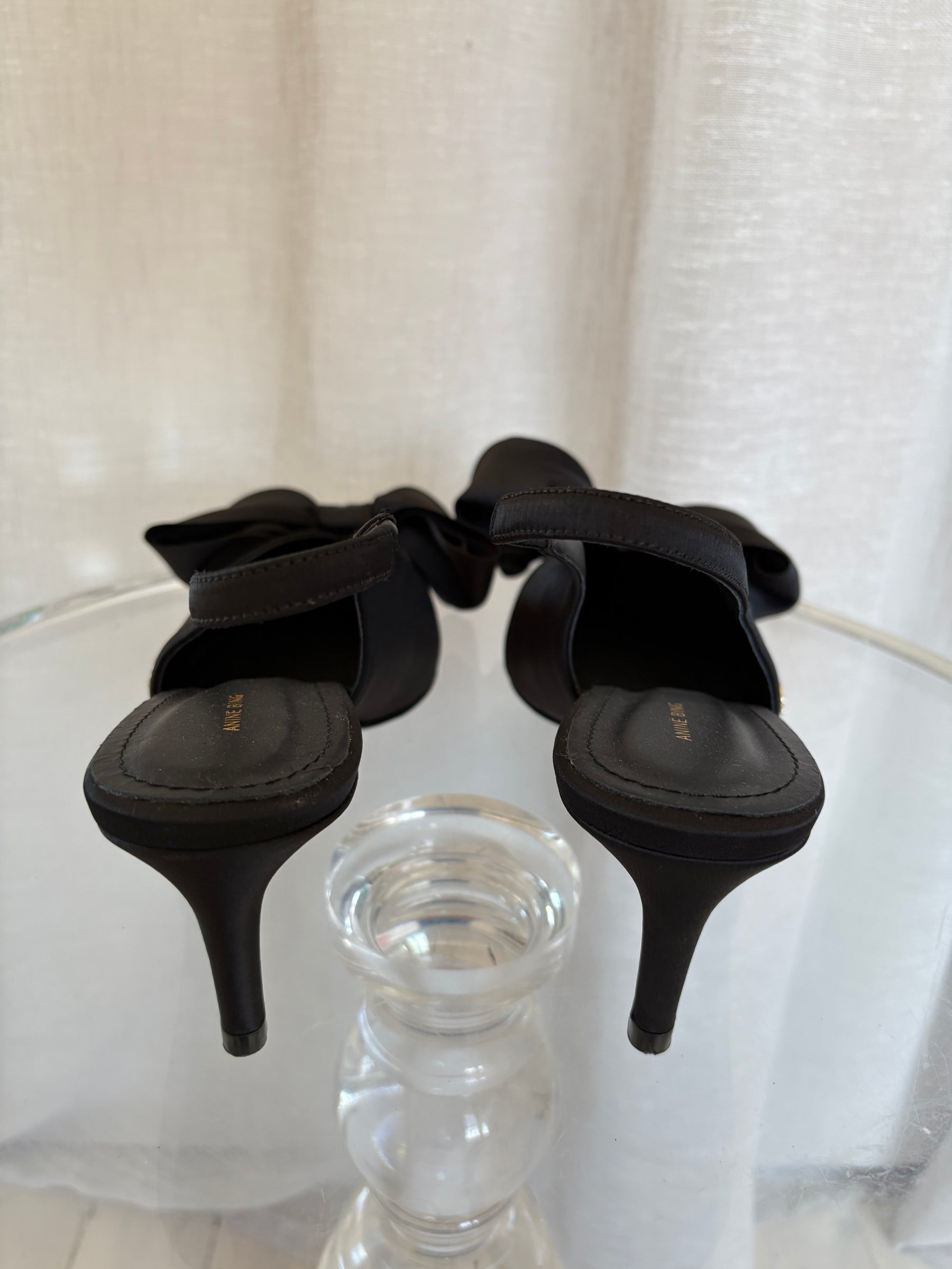 Anine Bing Black Satin Bow Front Pointed Slingback, 40