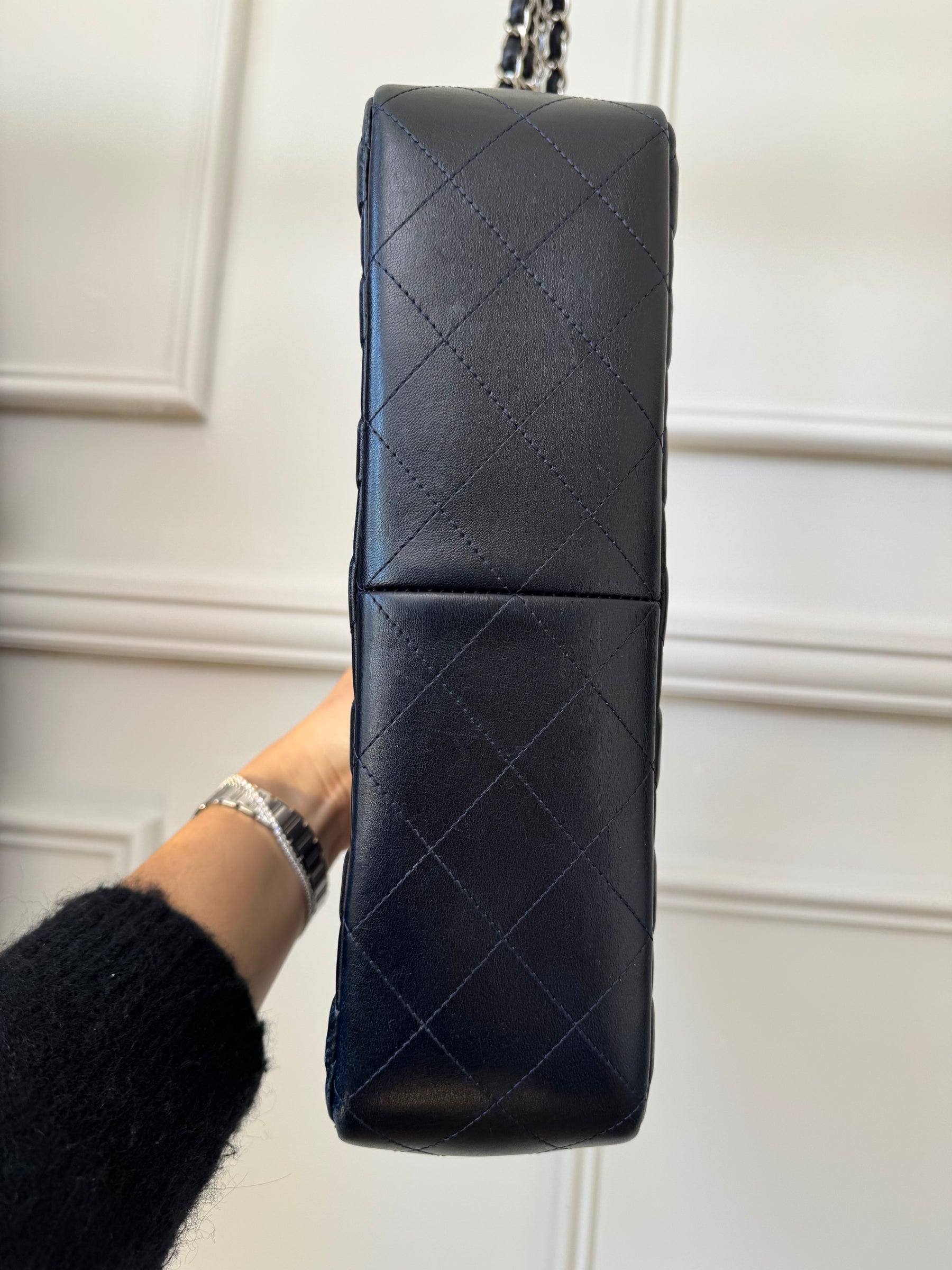 Chanel Navy Lambskin Leather Jumbo Double Flap with Silver Hardware