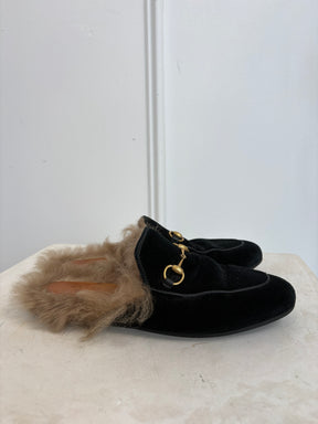 Gucci Black Velvet Shearling Mules, 38