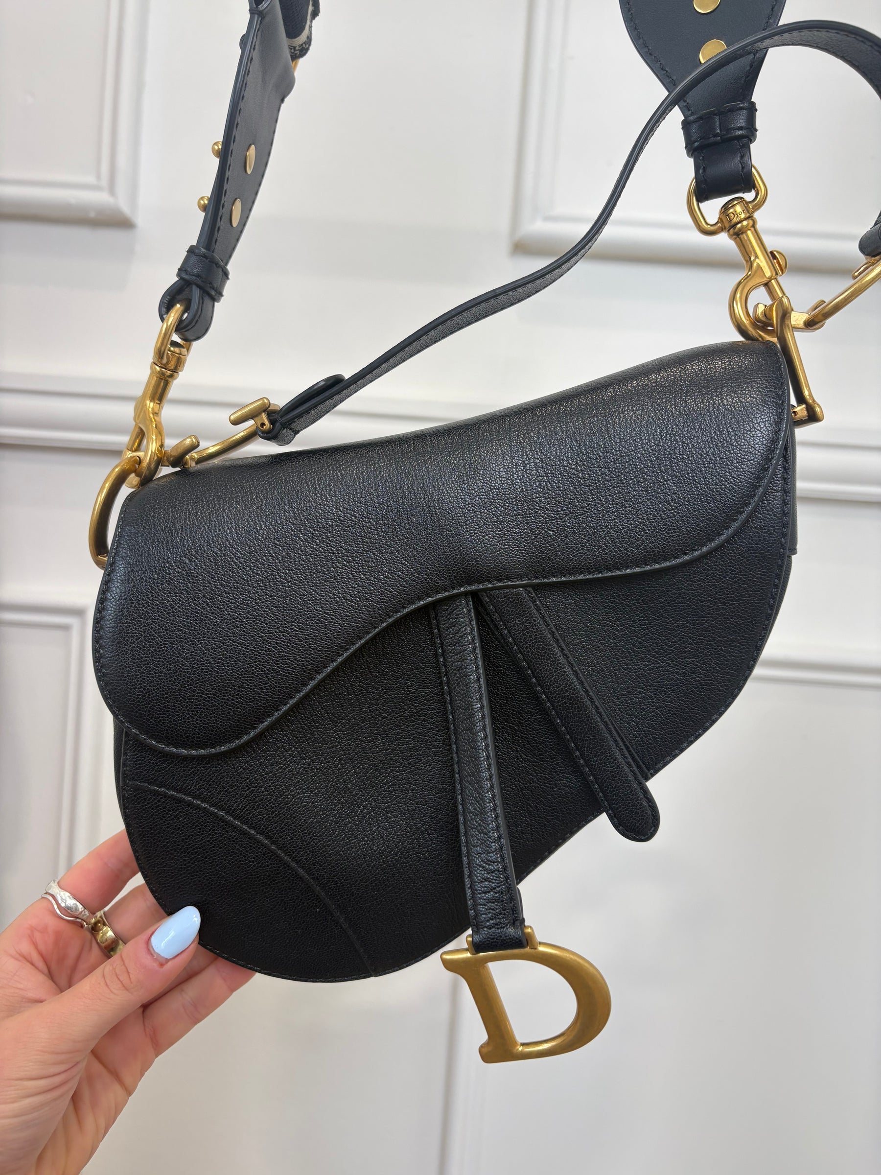 Dior Saddle Bag With Strap Black Grained Leather