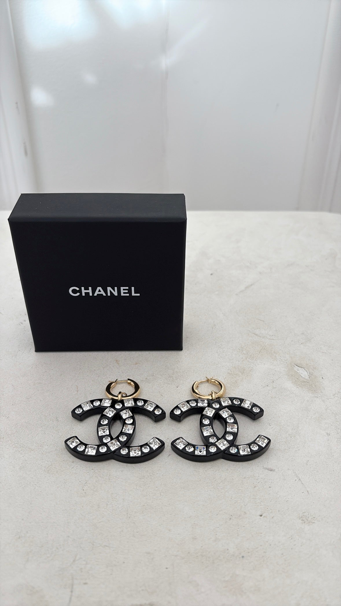 Chanel Black Crystal Embellished CC Drop Earring