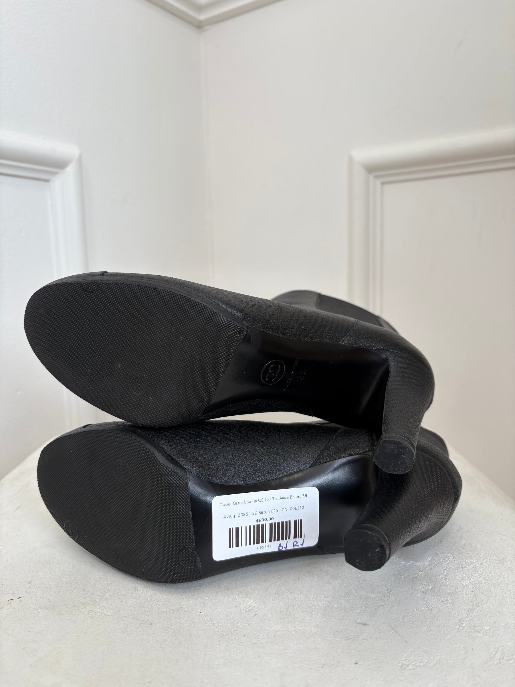 Chanel Black Leather CC Cap Toe Ankle Boots, 38