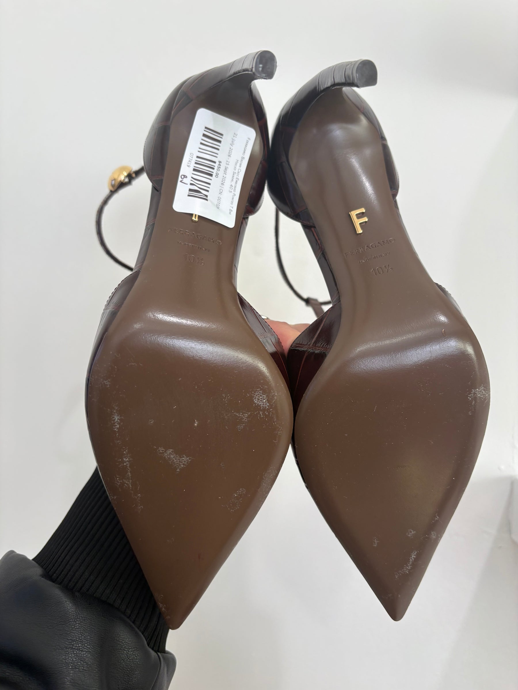 Ferragamo Brown Croc Embossed Pointed T Bar Heeled Sandal, 10.5