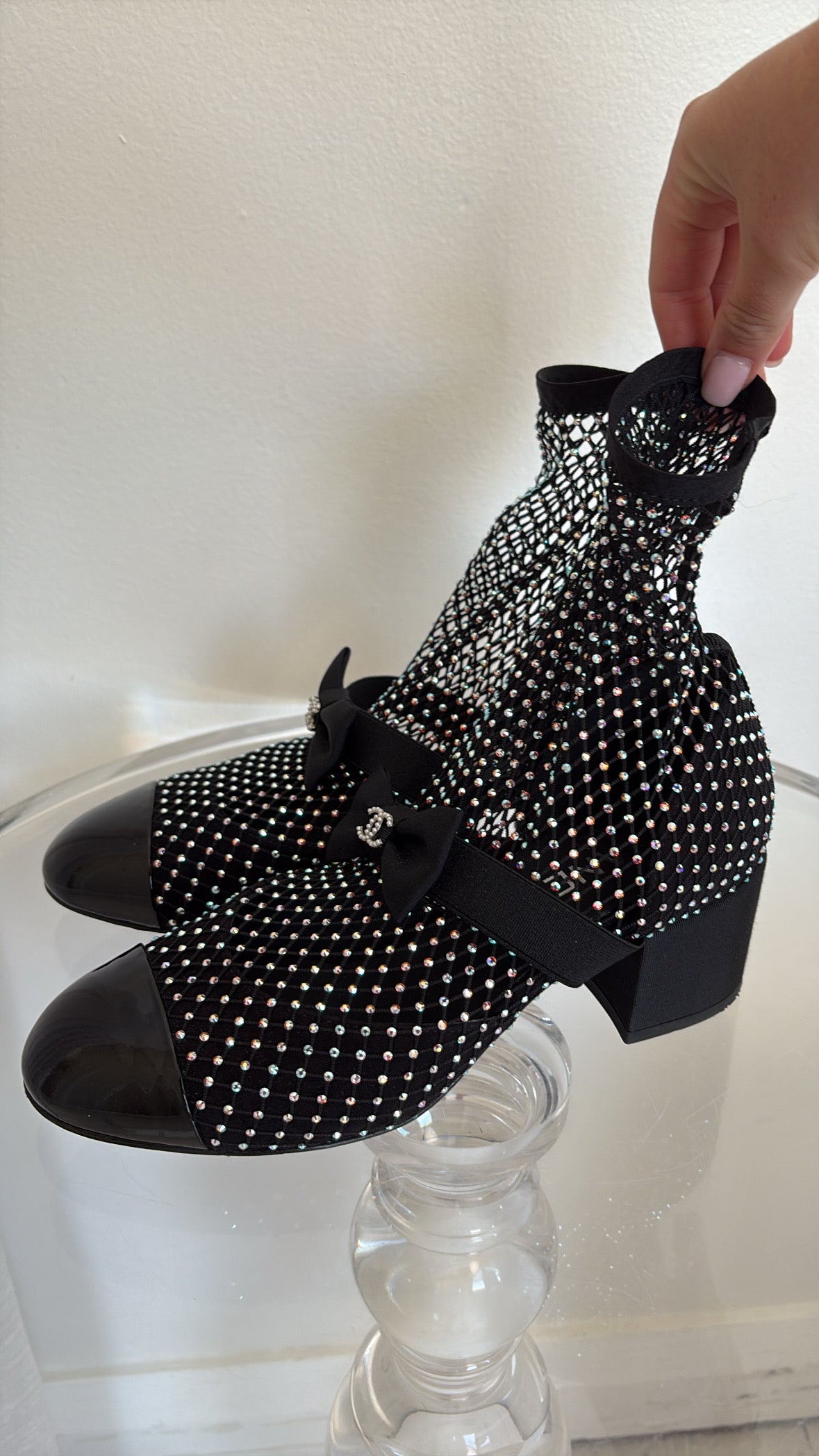 Chanel Black Crystal Net Sock Pump Heels, 36C