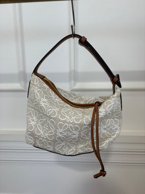 Loewe Beige and White Canvas Anagram Cubi Small Bag with Tan Leather