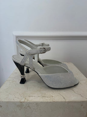 Chanel White Crystal Peep Toe Logo Heels, 38C