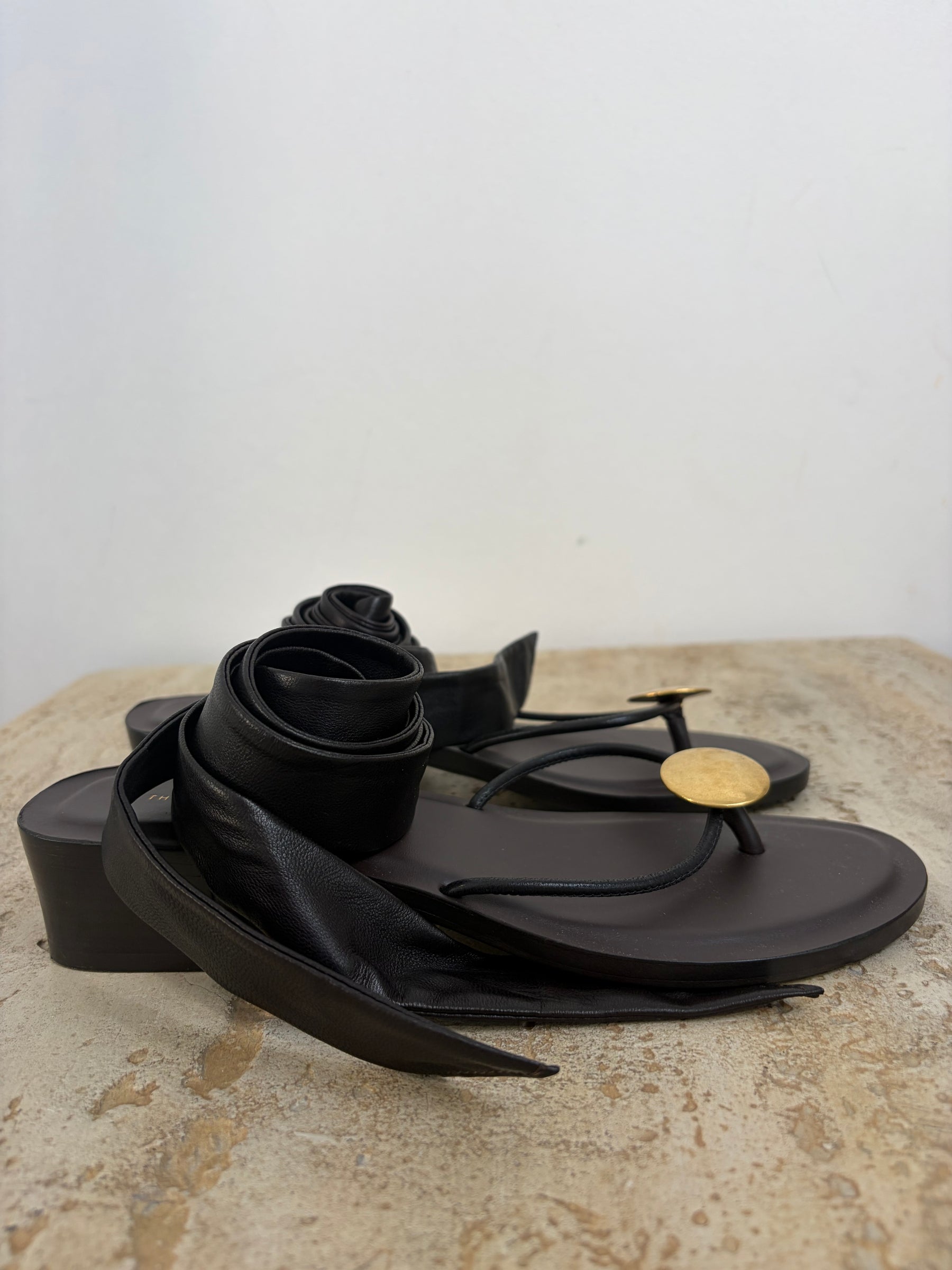 The Row Black Lace Up Gold Toe Heeled Sandal, 37.5