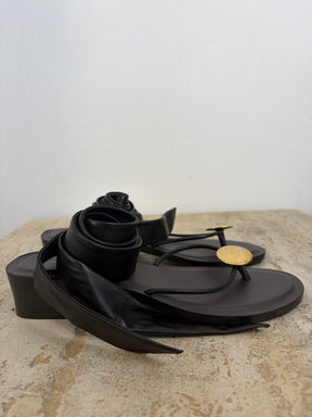 The Row Black Lace Up Gold Toe Heeled Sandal, 37.5