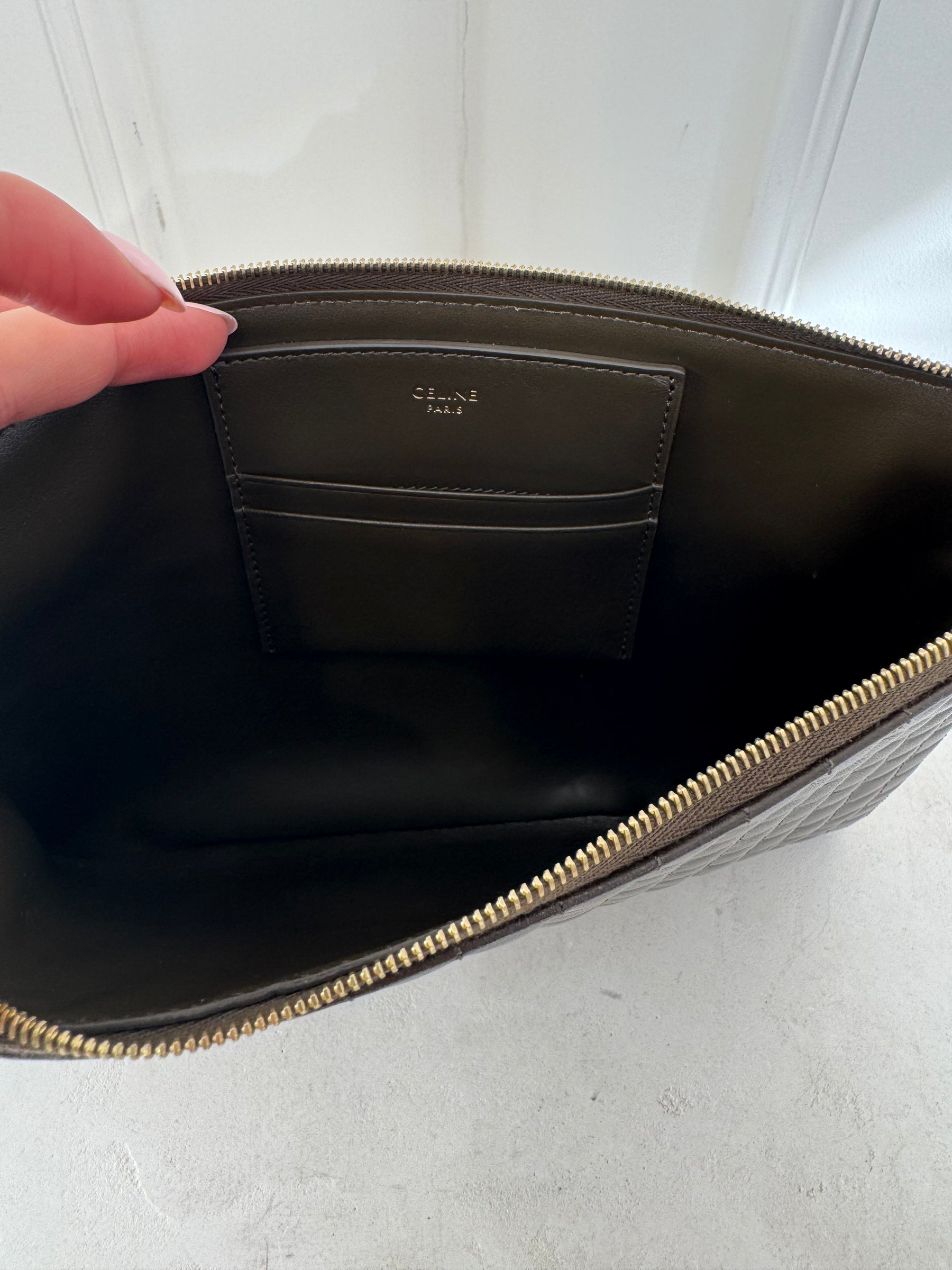 Celine Quilted Calfskin C Charm Clutch Bag Khaki