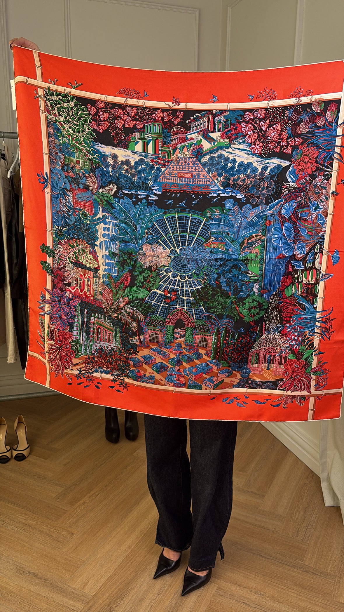 Hermès Orange and Blue Jardin d'Hiver Silk Scarf 90