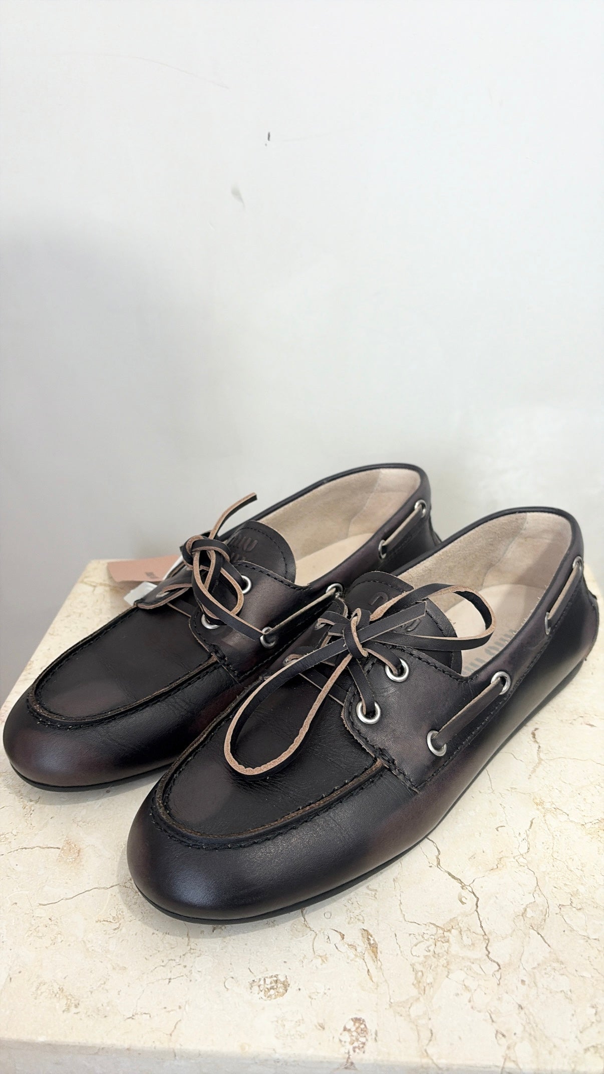 Miu Miu Unlined Leather Boat Shoes Black, 37