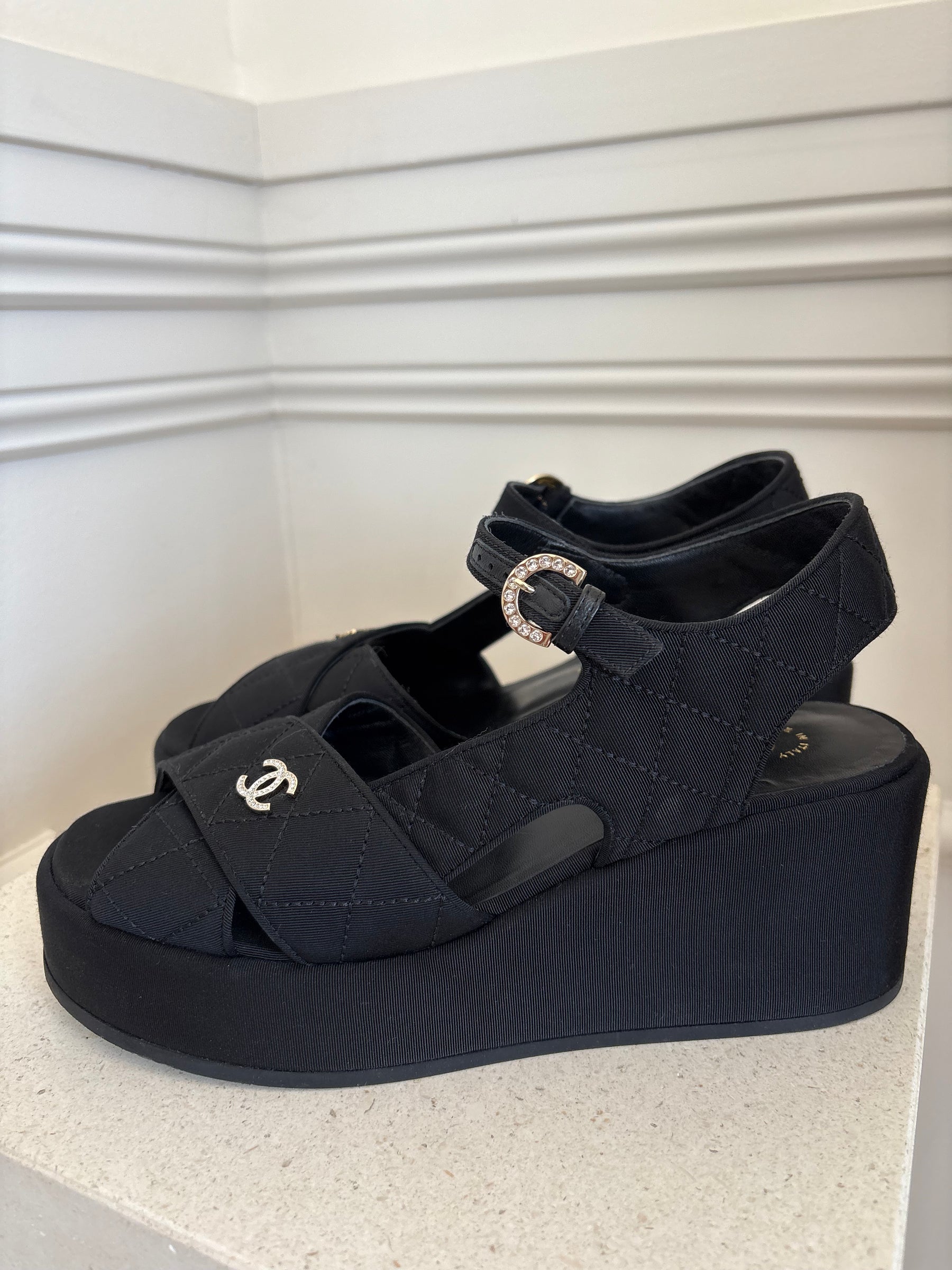 Chanel Black Grosgrain Quilted Wedge Sandal, 38.5 C