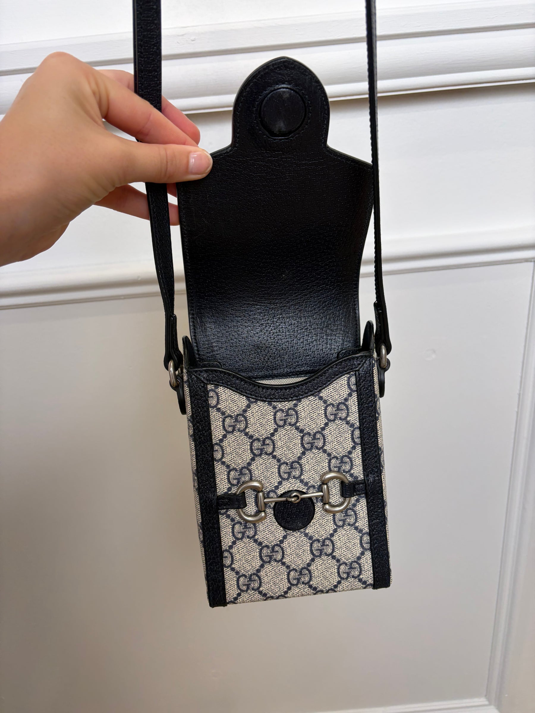 Gucci Beige Navy Canvas Mini Horsebit Cross Body Bag
