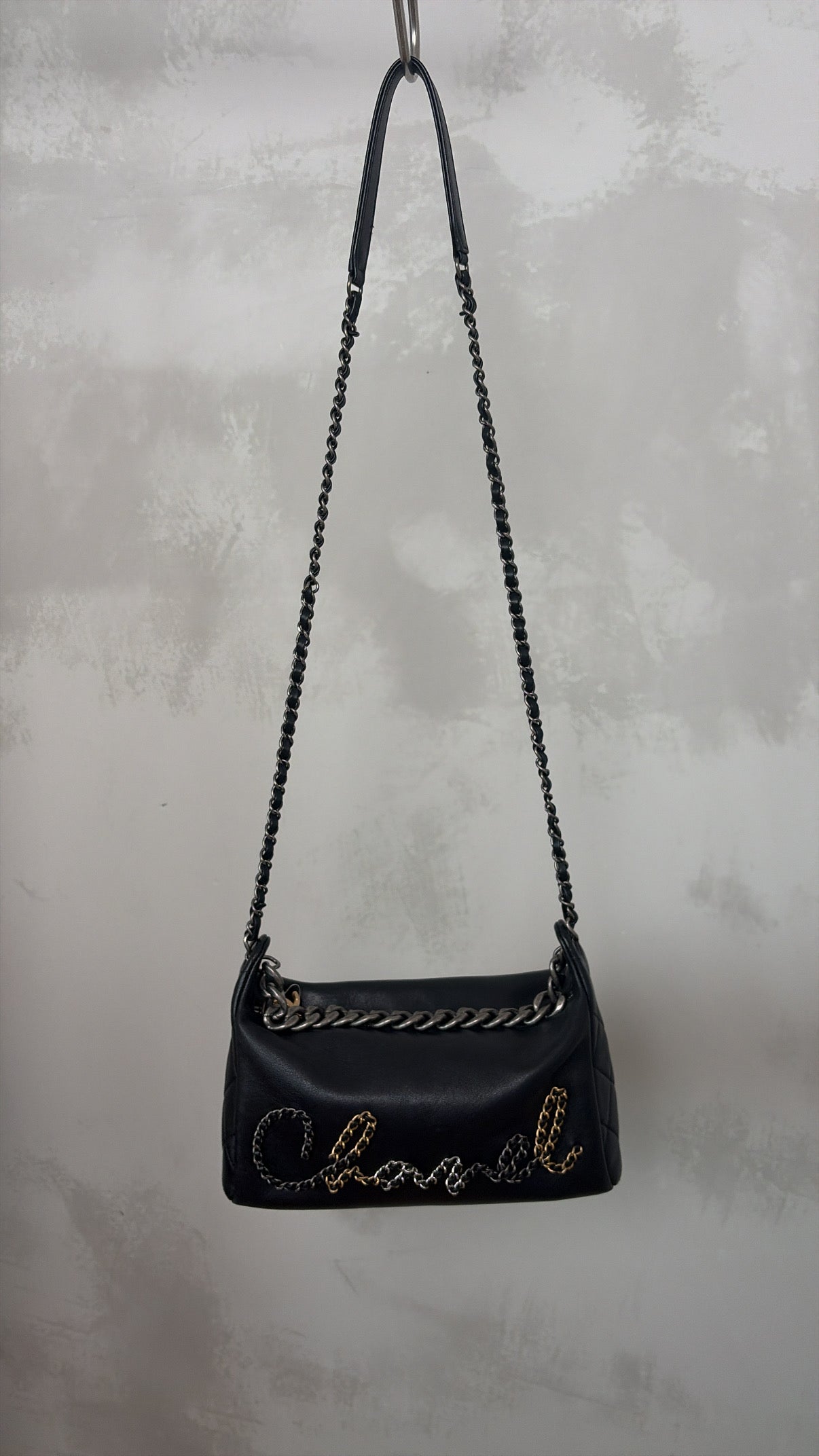 Chanel Black Calfskin Chain Signature Hobo Bag