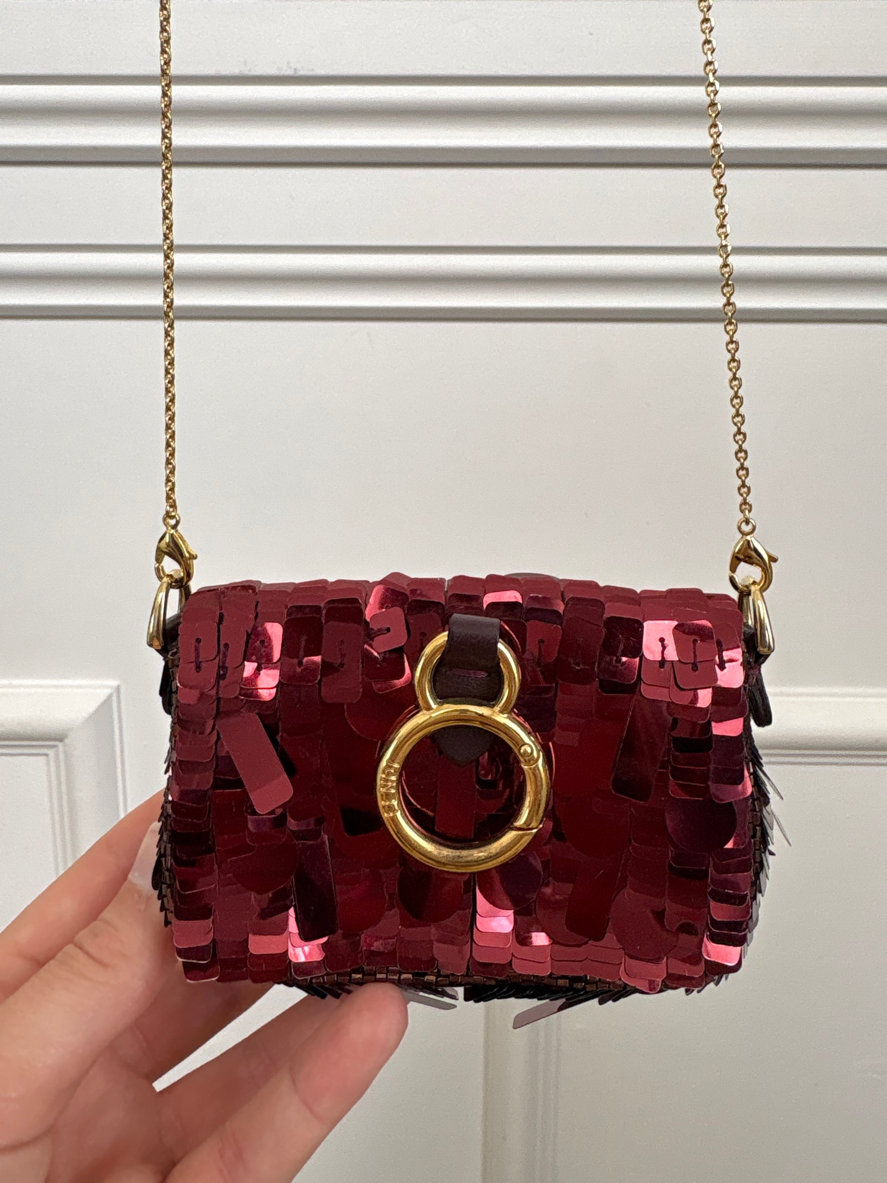 Fendi Burgundy Sequinned Micro Baguette Bag