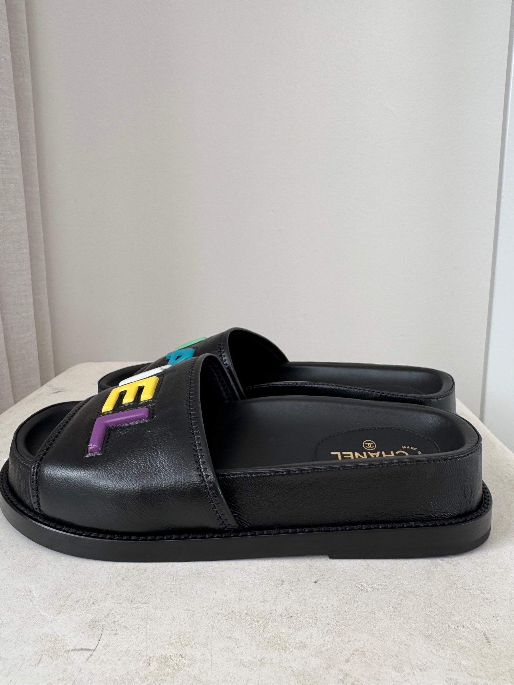 Chanel Black Leather Multi Logo Slides, 36.5C