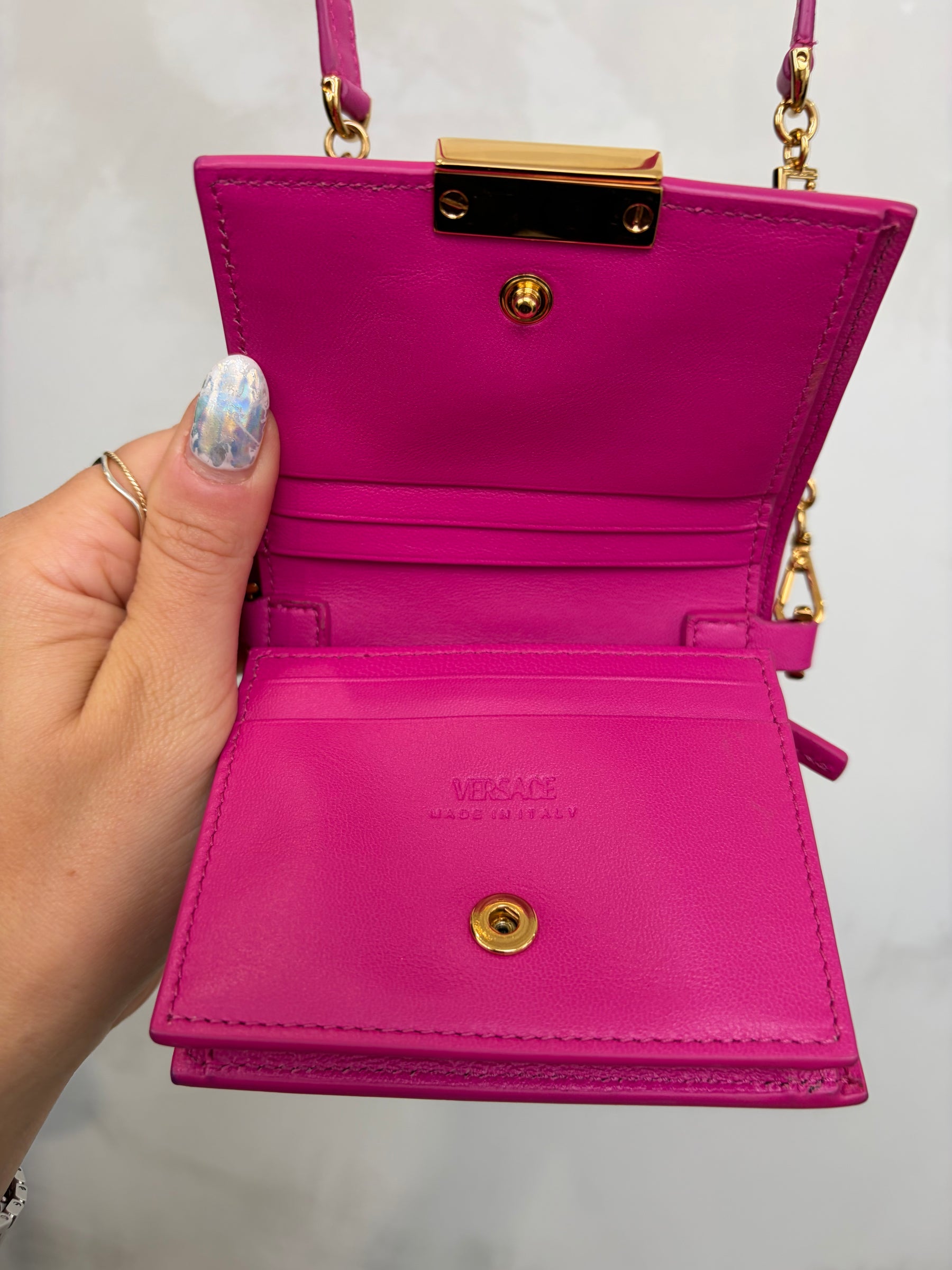 Versace Pink Leather Greca Goddess Chain Mini Wallet