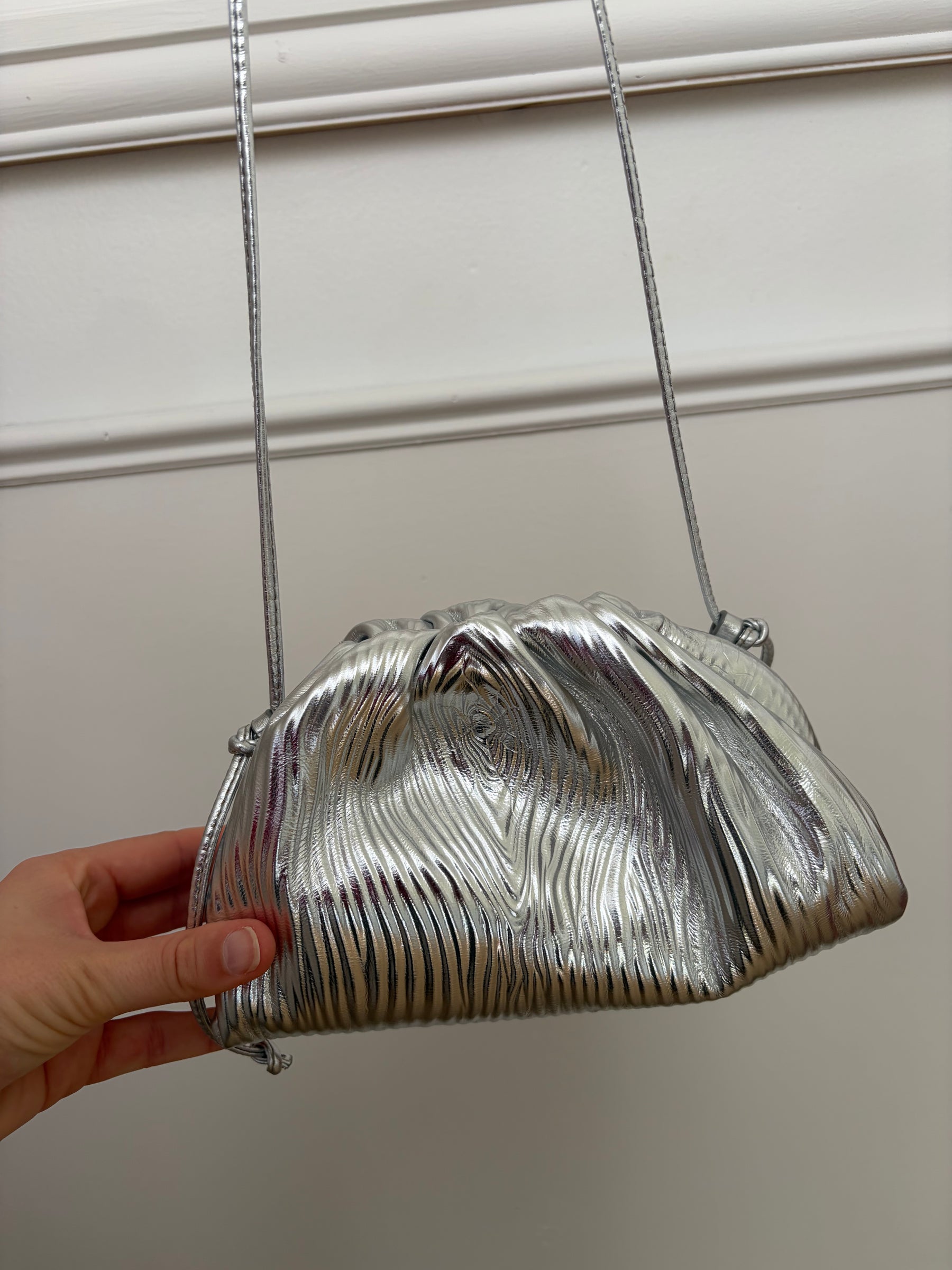 Bottega Mini Cross Body Crinkle Leather Pouch In Silver