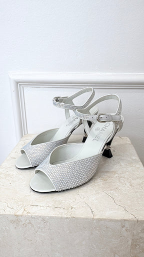 Chanel White Crystal Peep Toe Logo Heels, 38C