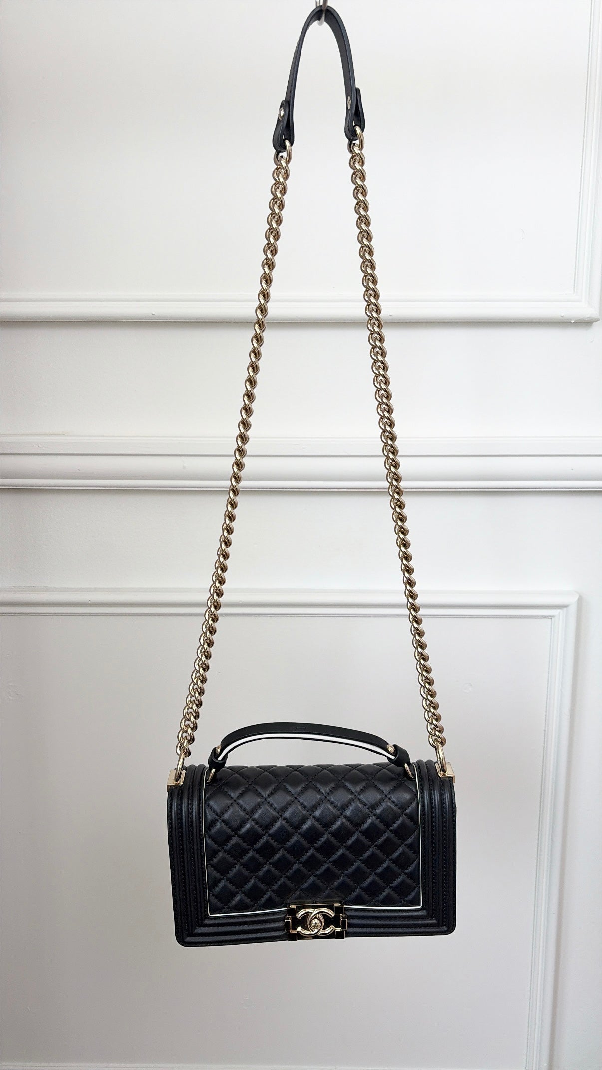 Chanel Black Quilted Top Handle Boy Bag with White Trim GHW