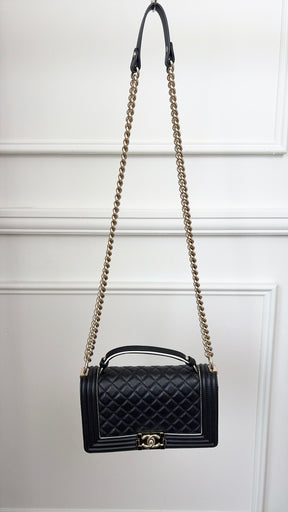 Chanel Black Quilted Top Handle Boy Bag with White Trim GHW