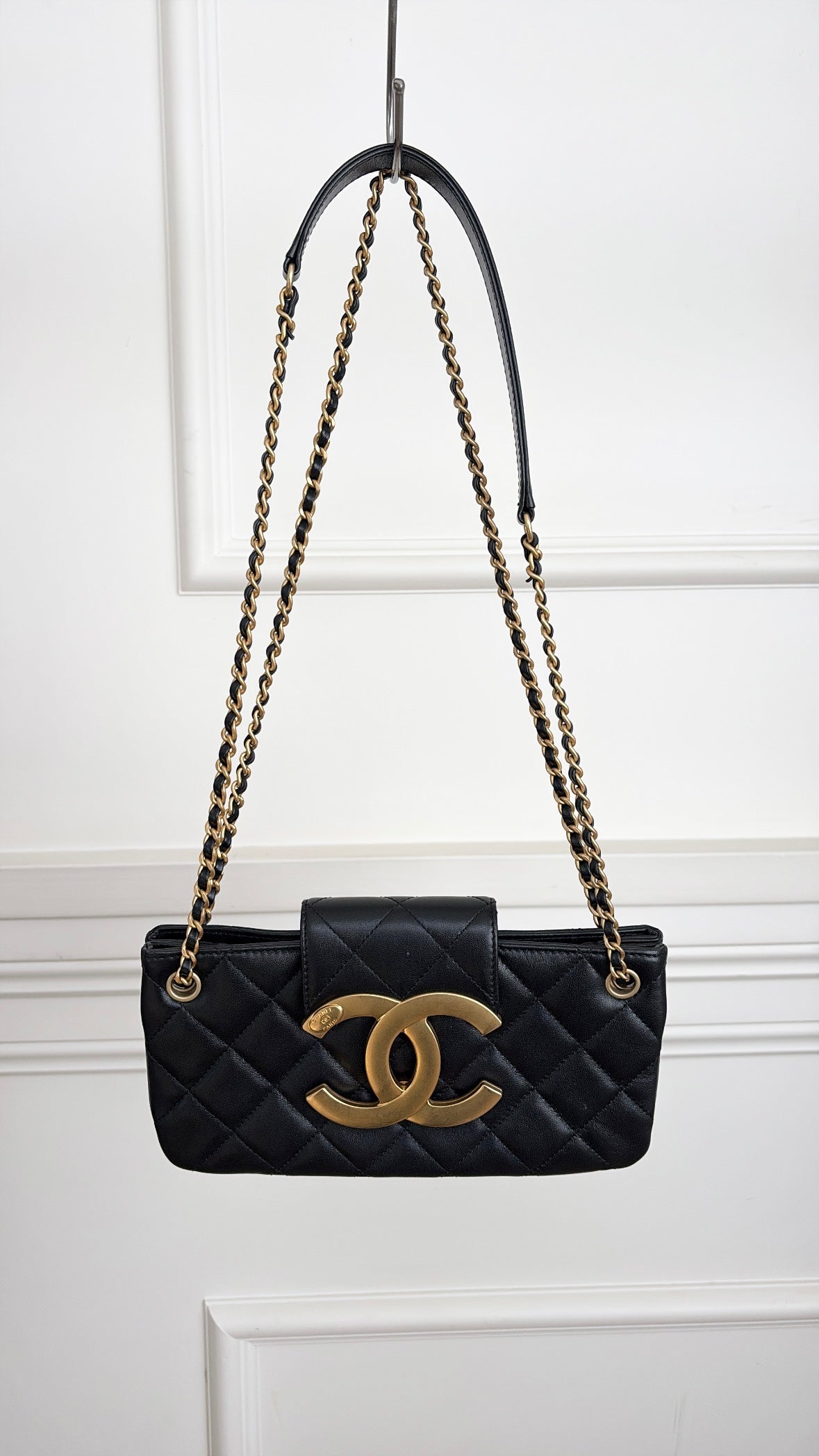 Chanel Black Leather Logo Clutch with Chain