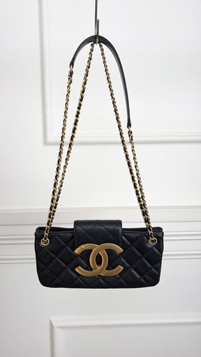 Chanel Black Leather Logo Clutch with Chain