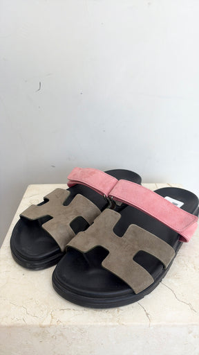 Hermès Khaki and Pink Suede Chypre Sandals, 40