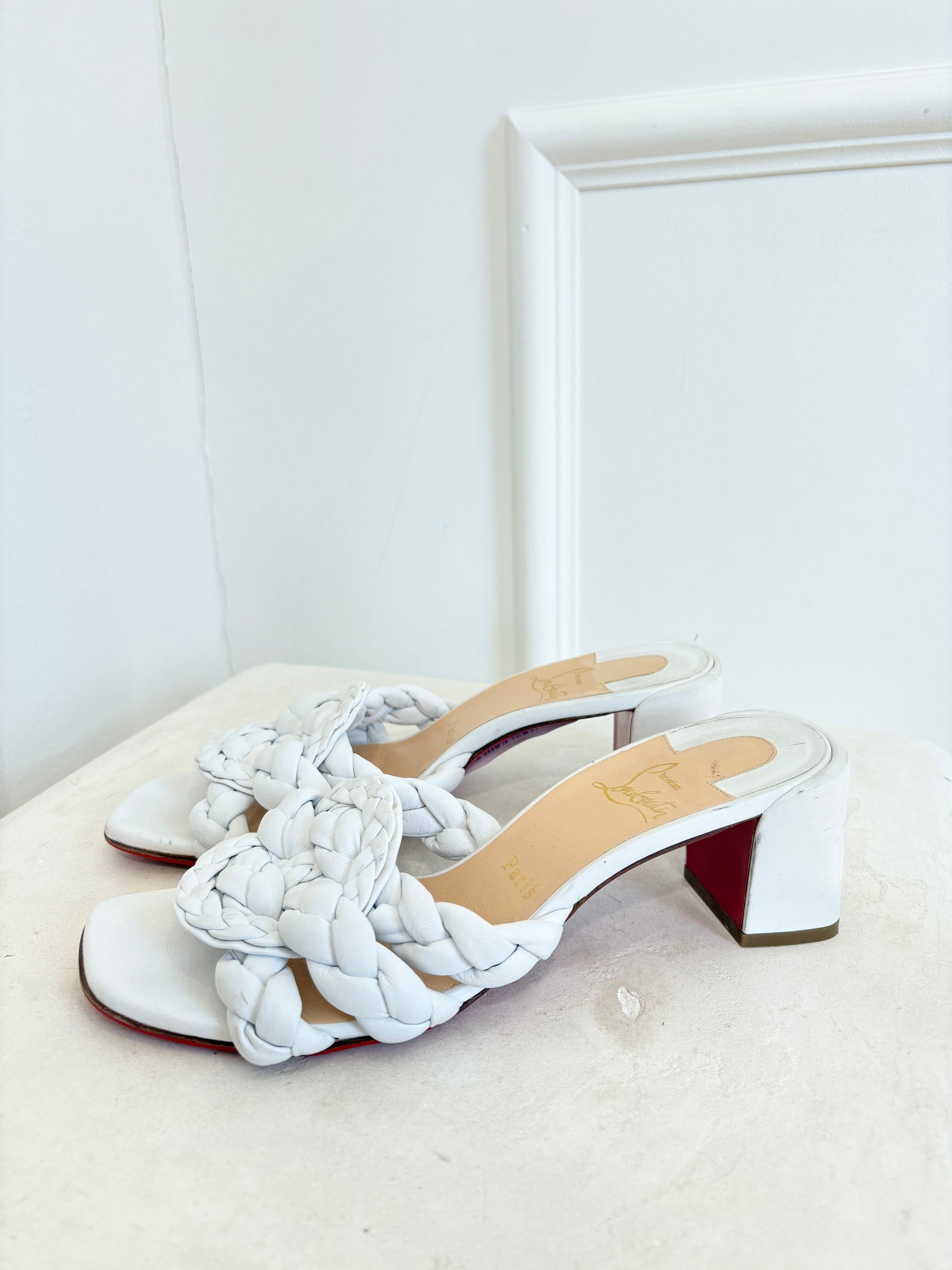 Christian Louboutin White Leather Plaited Heeled Mules, 38