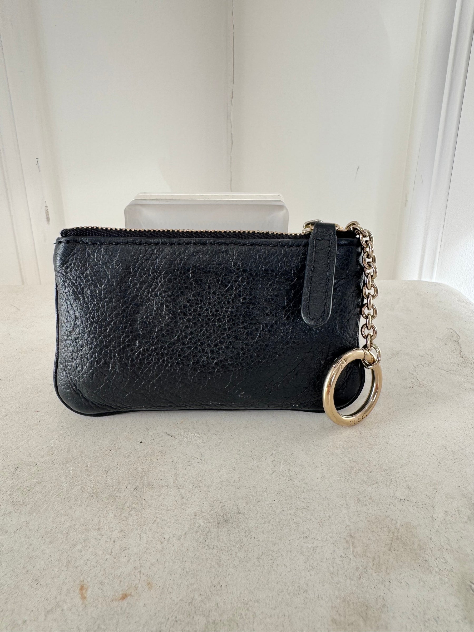 Gucci Black Leather Monogram Key Pouch