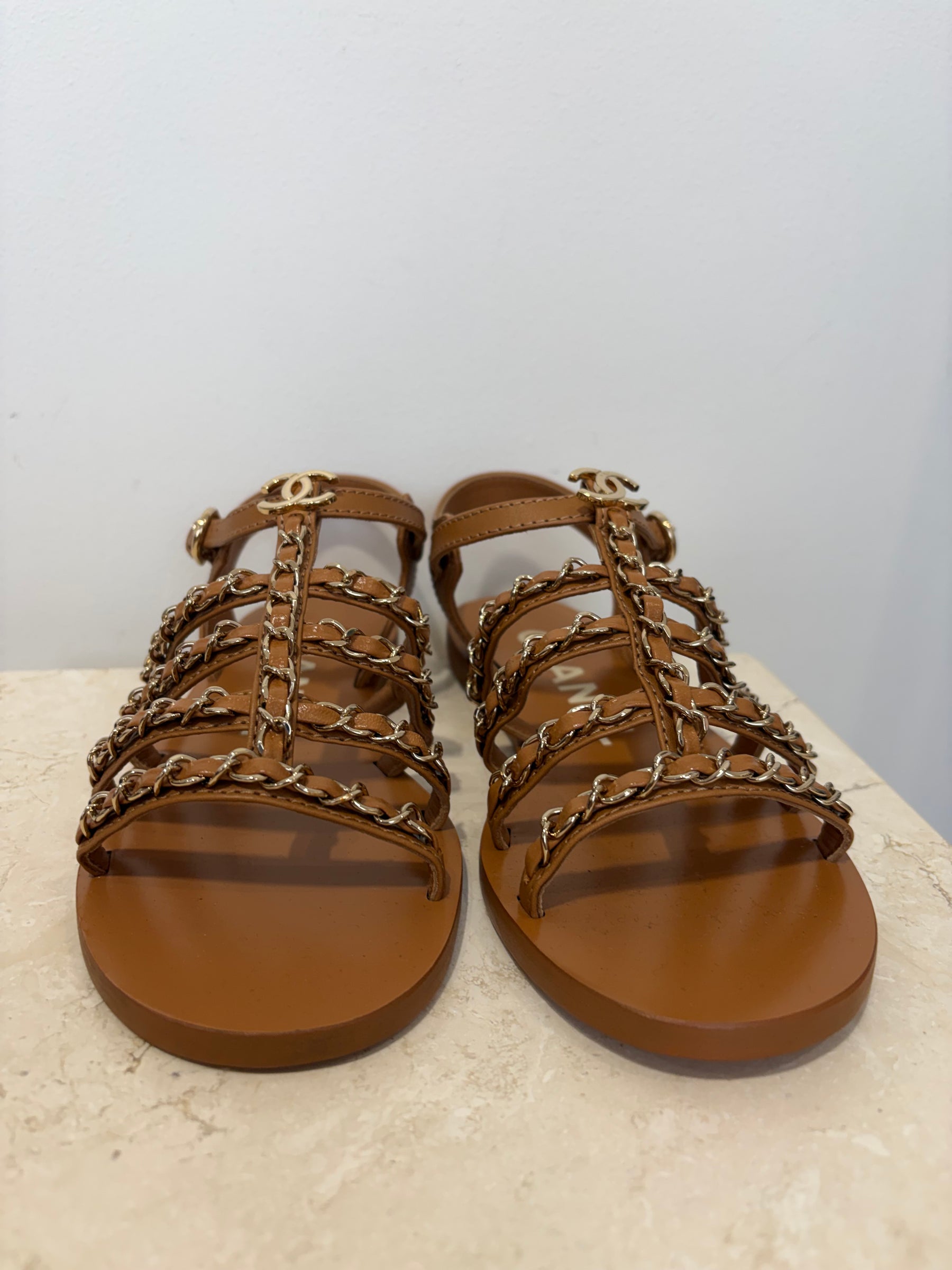 Chanel Tan Leather Chain Sandals, 37 C