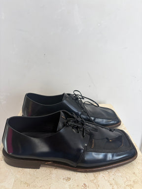 Tibi Navy Patent leather Square Toe Lace Up Shoes, 37.5